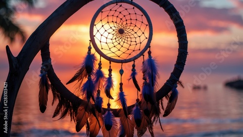 Bohemian dreamcatcher silhouette against a breathtaking sunset over water, featuring colorful feathers and a serene, vibrant atmosphere. photo