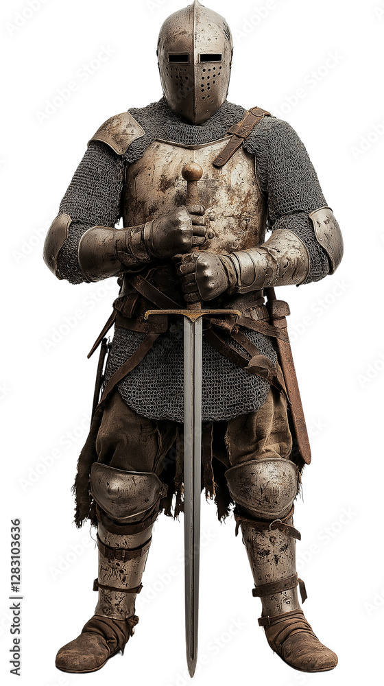 Obraz premium The images feature medieval knights in battle-worn armor, standing solemnly with their swords in a poised and disciplined stance.
