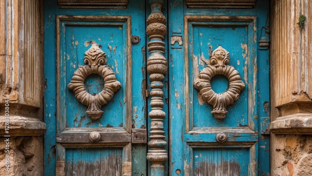 Weathered antique doors with ornamental brass knockers and peeling blue paint in historic architecture setting Weathered antique doors with ornamental brass knockers and peeling blue paint in historic architecture setting