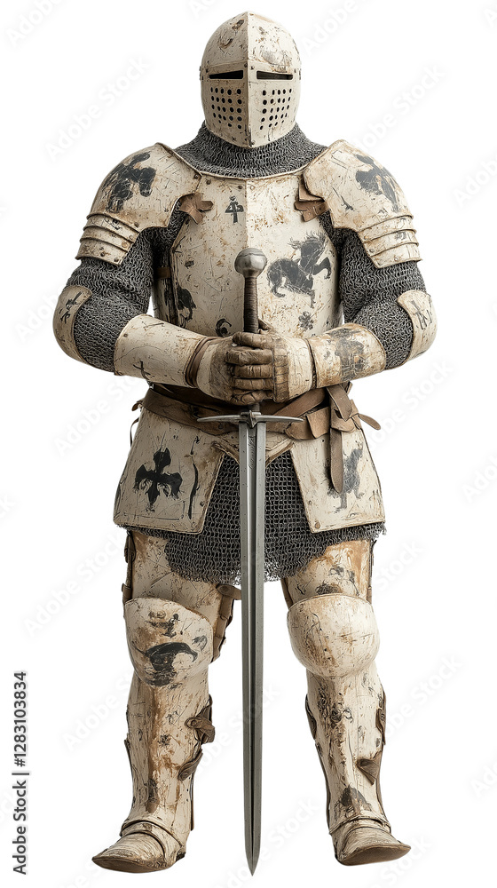 The images feature medieval knights in battle-worn armor, standing solemnly with their swords in a poised and disciplined stance. The images feature medieval knights in battle-worn armor, standing solemnly with their swords in a poised and disciplined stance.