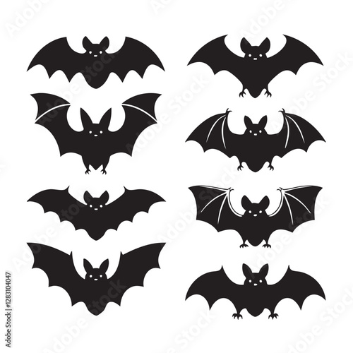 set of halloween bats A collection of bat silhouettes, each with distinct wing shapes and facial features They are positioned in various orientations