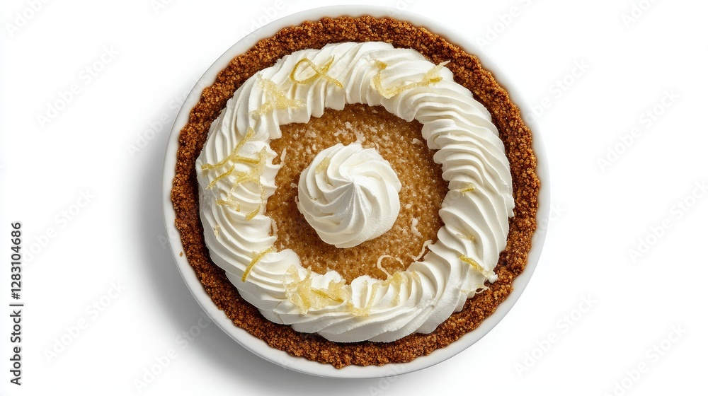 A gourmet Key Lime Pie with a rich citrus filling, buttery graham cracker crust, and fluffy whipped cream topping, captured from above on white. A gourmet Key Lime Pie with a rich citrus filling, buttery graham cracker crust, and fluffy whipped cream topping, captured from above on white.