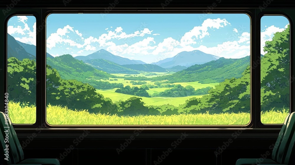 Fototapeta premium Scenic view from a train window showcasing lush green hills and distant mountains.
