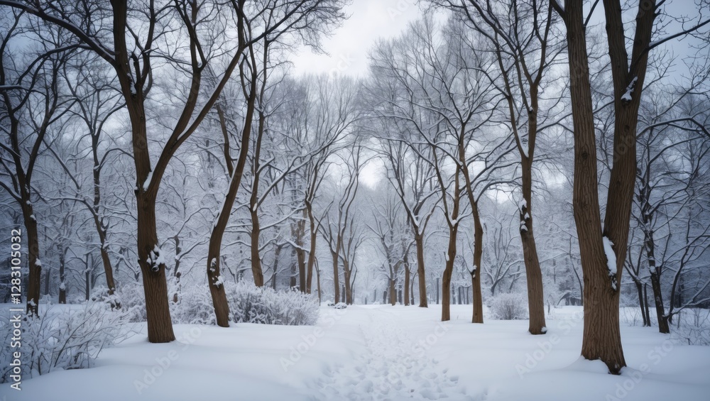 Serene winter scene with snow-covered bare trees in a tranquil forest pathway under a cloudy sky creating a peaceful atmosphere. Serene winter scene with snow-covered bare trees in a tranquil forest pathway under a cloudy sky creating a peaceful atmosphere.