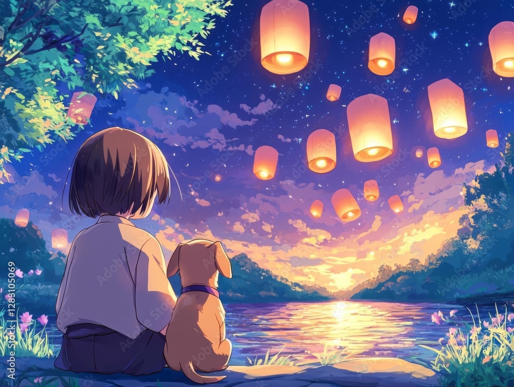Naklejka premium A child and dog enjoying a serene evening under glowing lanterns at sunset.