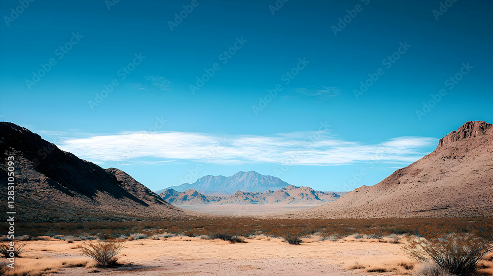 Naklejka premium Desert Landscape with Mountains Rocks and Blue Sky Under Sunlight