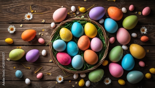 Colorful Easter eggs arranged in a wicker basket on wooden background with daisies and scattered eggs in various colors