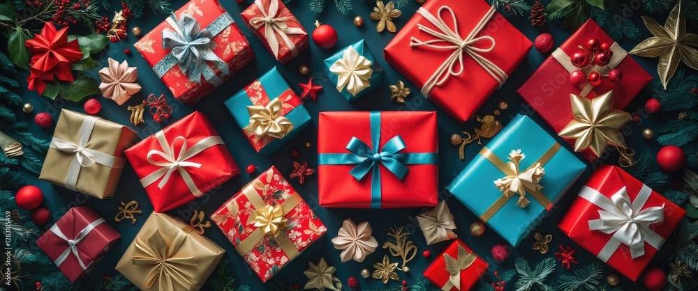 Colorful festive gift boxes arranged with ribbons and ornaments on a green background ideal for holiday celebrations and gift wrapping themes Colorful festive gift boxes arranged with ribbons and ornaments on a green background ideal for holiday celebrations and gift wrapping themes
