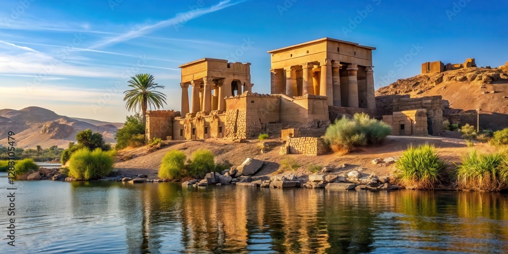 Ancient Egyptian temple ruins on the Nile River in Aswan, Egypt, desert landscape Ancient Egyptian temple ruins on the Nile River in Aswan, Egypt, desert landscape