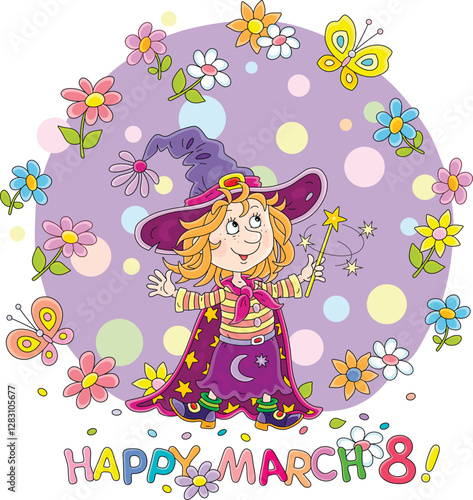 Happy March 8 card with a cute little fairy waving her magic wand and colorful spring flowers with merry butterflies flying around, vector cartoon illustration isolated on white