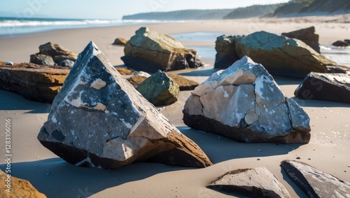 Rocks on sandy beach with ocean in background and gentle waves under clear blue sky during daytime