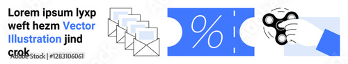 Stack of envelopes, percentage discount coupon, hand holding fidget spinner. Ideal for marketing, promotions, email campaigns, user engagement, sales, customer loyalty communication abstract line
