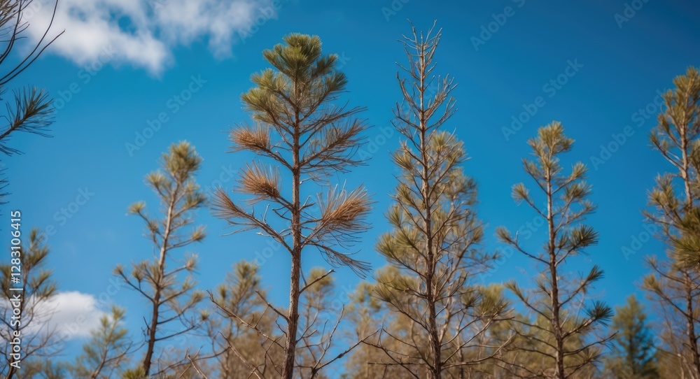 Fototapeta premium Dry Pine Trees Silhouetted Against Vibrant Blue Sky with Fluffy Clouds in a Serene Natural Landscape