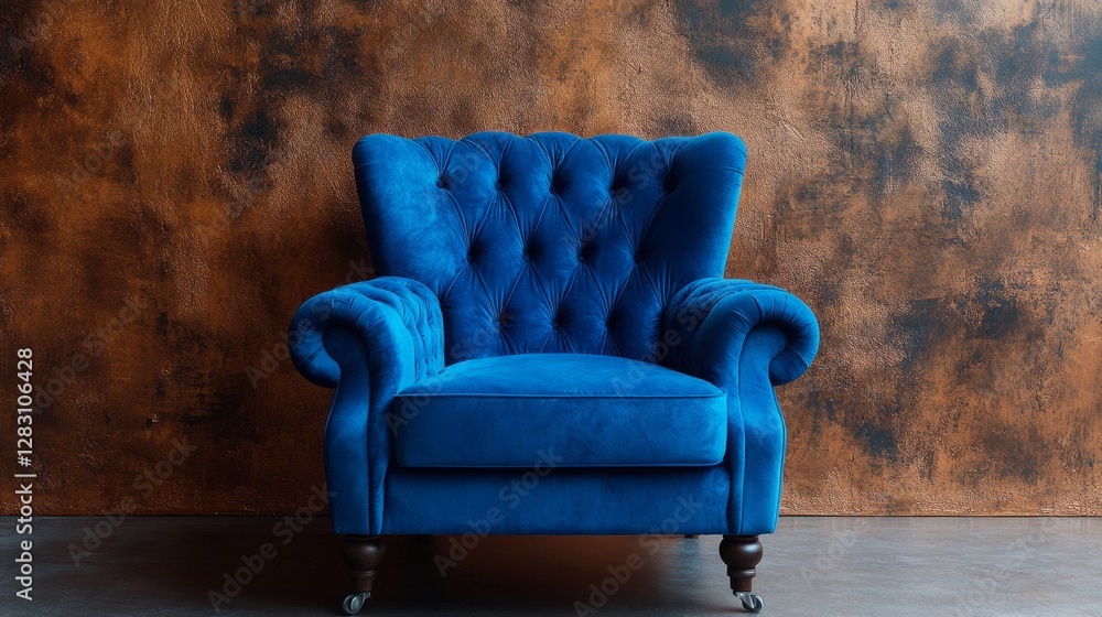 Royal blue chair standing out against a copper studio background Royal blue chair standing out against a copper studio background