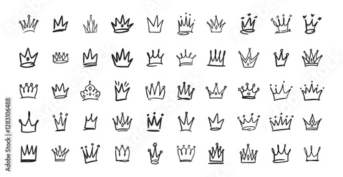 Hand drawn Crown vector set. Doodle collection. Drawing crowns. Royal head, Queen crown, King crown, various design.