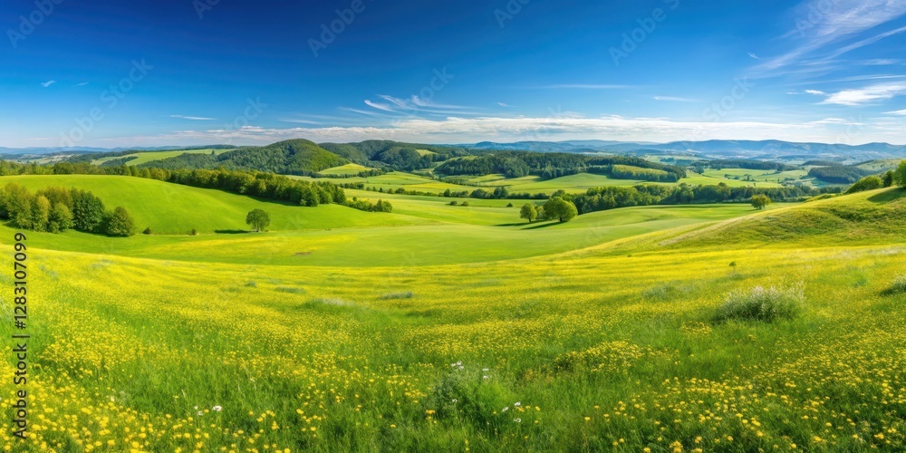 Panoramic aerial view of a vast green grass field with scattered wildflowers, rolling hills, and a clear blue sky on a sunny day , rolling hills, grass field Panoramic aerial view of a vast green grass field with scattered wildflowers, rolling hills, and a clear blue sky on a sunny day , rolling hills, grass field