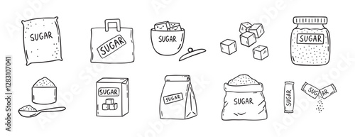 sugar doodle hand drawn icon set. Outline drawing sugar packaging, sugar cubes line clipart symbol collection