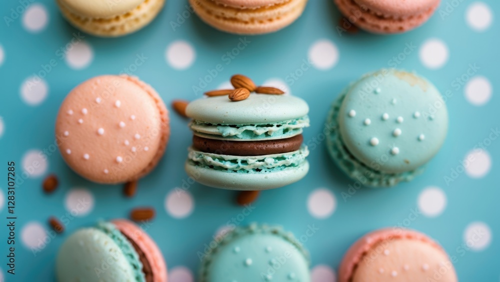 Obraz premium Colorful macarons arranged on a turquoise background with polka dots displaying various flavors and textures.
