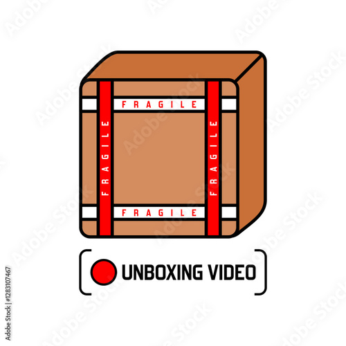 Unboxing Video Icon in lineal color style. A warning label for buyers, suitable for cardboard packaging. The unboxing process must be recorded for warranty claims.