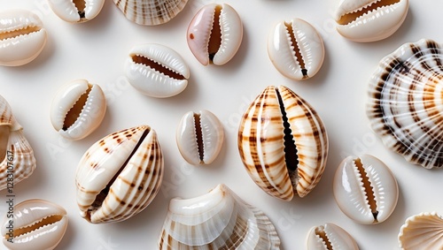 Mixed collection of cowrie shells and sea shells isolated on white background showcasing intricate patterns and textures.