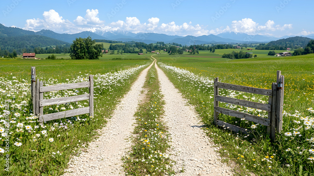 Country road through daisy field, mountains background Country road through daisy field, mountains background