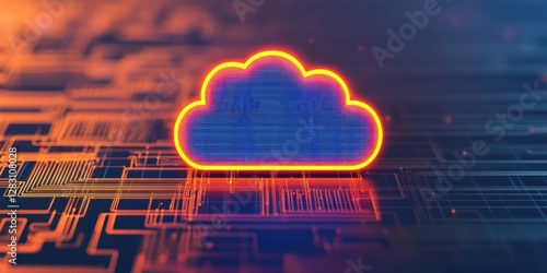 Cloud Computing Concept: A vibrant cloud symbol, radiant with a fiery glow, floats over an abstract network of digital circuits, representing the cutting-edge landscape of cloud computing.