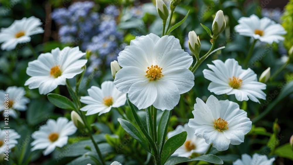 White flowers with yellow center blooming in a lush green garden with blurred background of purple and green foliage.