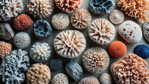 Colorful assortment of coral stones in various shapes and sizes arranged on a flat surface showcasing natural textures and patterns photo