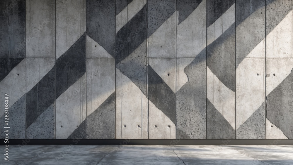 Fototapeta premium Textured concrete wall with geometric patterns and shadows in a modern interior space.