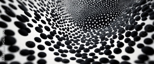 Abstract monochrome background featuring a dynamic pattern of black and white dots creating a three-dimensional illusion. photo