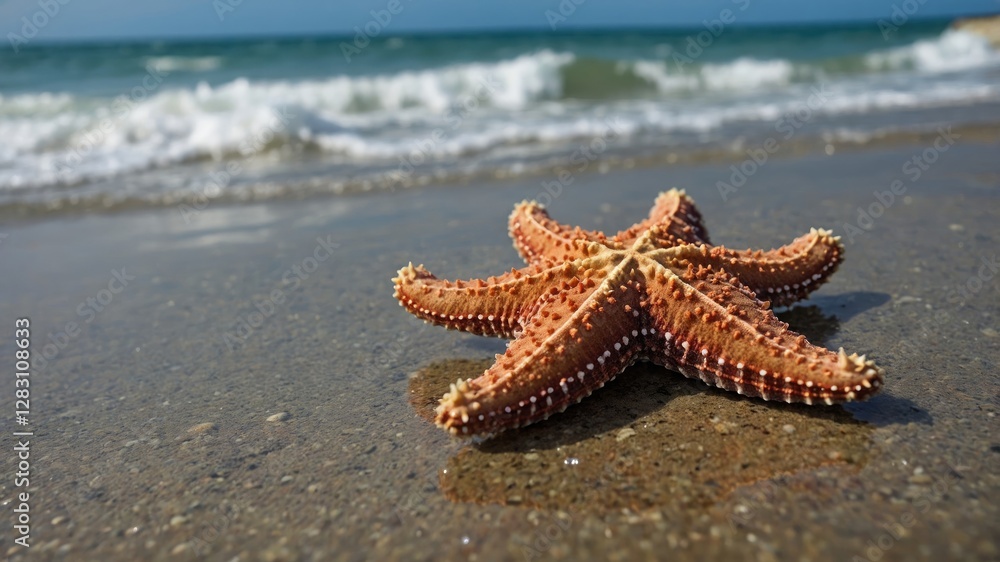 Starfish on Wet Sandy Beach with Gentle Waves and Clear Ocean in the Background Nature Close-Up Photography Starfish on Wet Sandy Beach with Gentle Waves and Clear Ocean in the Background Nature Close-Up Photography