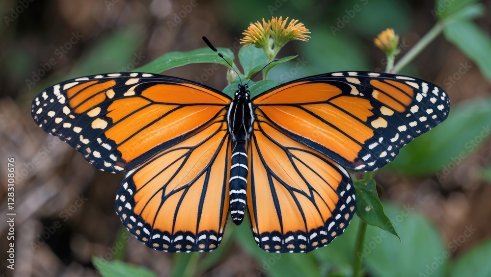 Fototapeta premium Monarch butterfly Danaus plexippus perched on a green leaf with vibrant orange and black wings in a natural setting.