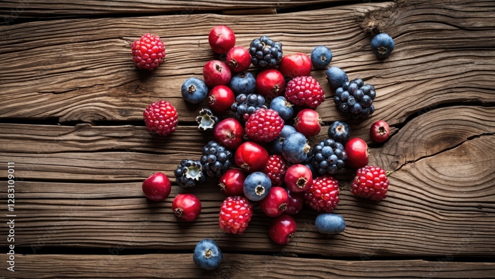 Fresh mixed berries including raspberries, blueberries, and blackberries on rustic wooden background Fresh mixed berries including raspberries, blueberries, and blackberries on rustic wooden background
