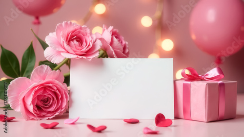 Gift box with greeting card and beautiful pink carnations flower. Business card mockup design template for text, note on background side view. Gift certificate or voucher. Copy space. Flower shop.