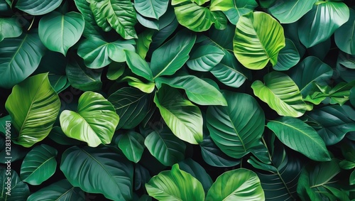 Wallpaper Mural Lush green tropical leaves background texture with various shapes and shades of green foliage Torontodigital.ca