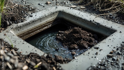 Wallpaper Mural Cement drain obstructed by soil causing stagnant water accumulation in urban landscaping environment Torontodigital.ca