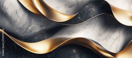 Abstract marble texture featuring smooth gold and black waves blending harmoniously, showcasing intricate patterns and elegant color interplay.