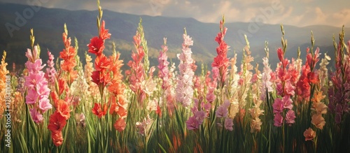 Vibrant field of multicolored gladiolus flowers in shades of red, pink, and white, illuminated by sunlight against a soft landscape backdrop.