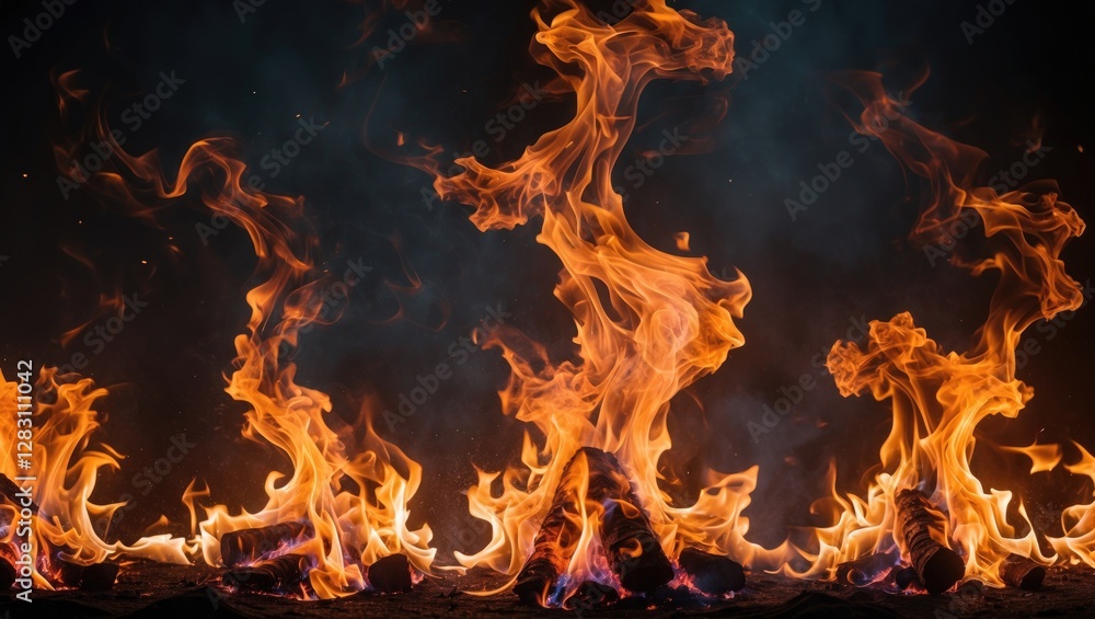 Flames rising from burning logs in dark background creating a fiery abstract pattern with orange and blue hues Flames rising from burning logs in dark background creating a fiery abstract pattern with orange and blue hues