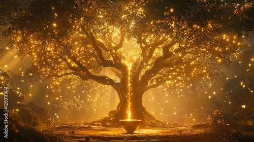 A sacred tree with branches that stretch endlessly into the heavens, each adorned with glowing orbs resembling miniature suns. From the tip of one branch, a droplet of golden sap emerges