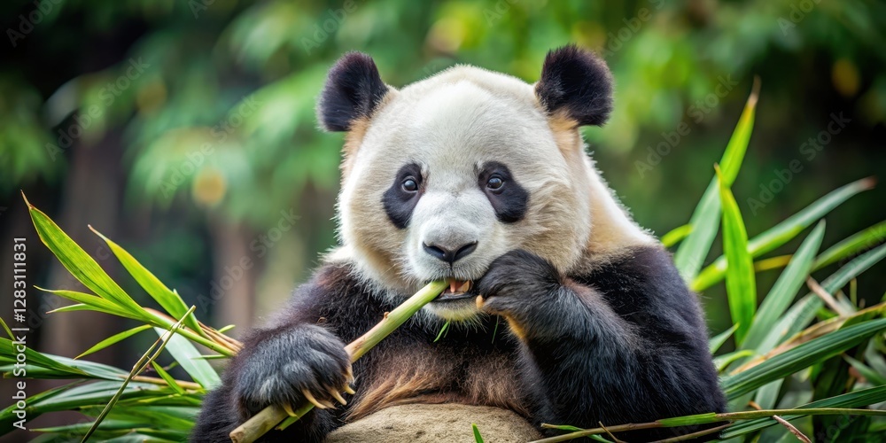 Obraz premium A giant panda sits down to a nutritious meal of fresh bamboo shoots, its large paws wrapped around a stalk as it takes a gentle bite, animal in nature, giant panda diet