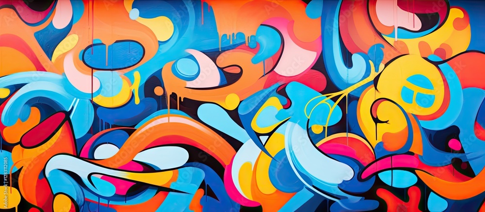 Obraz premium Vibrant abstract mural featuring swirling shapes in blue, orange, pink, and yellow on a dark background, creating a dynamic visual flow.