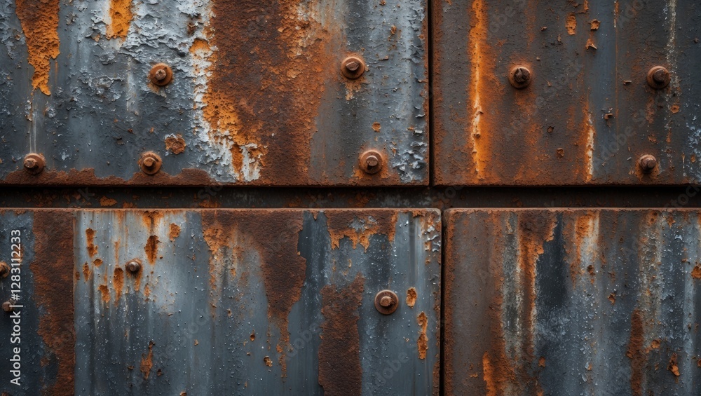 Rusty metal surface with weathered paint and visible rivets texture for industrial or grunge design background