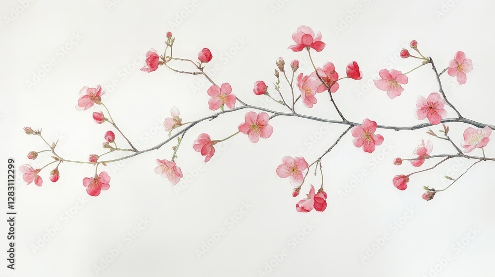 A delicate branch adorned with pink blossoms against a soft white background. A delicate branch adorned with pink blossoms against a soft white background.