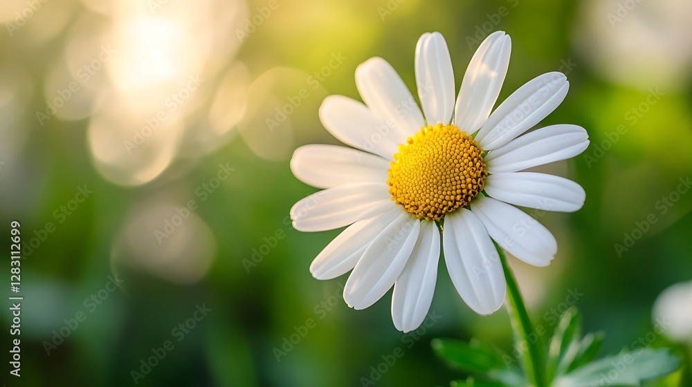 Fototapeta premium Daisy Flower Close-up in a Garden with Blurred Sunlight Background