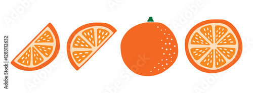 Orange slice and whole cute colorful fruit doodle hand drawn icon. Color drawing orange line clipart symbol