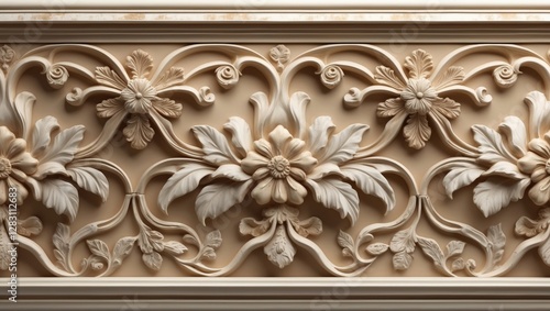 Ornate architectural molding with floral design elements in relief on a light cream background