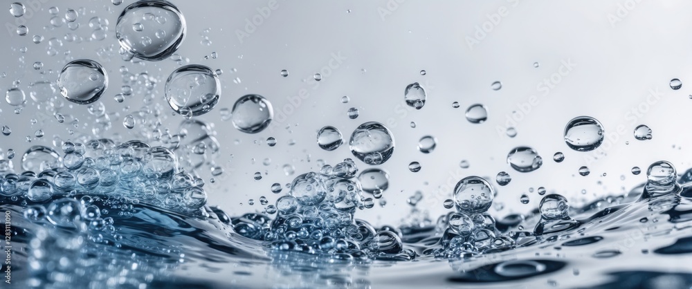 Close-up view of water surface with splashes and bubbles against a light background Close-up view of water surface with splashes and bubbles against a light background