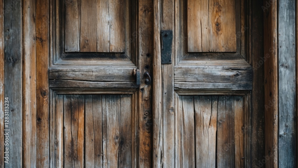 Weathered wooden double doors with intricate grain patterns and a metal handle in rustic style Weathered wooden double doors with intricate grain patterns and a metal handle in rustic style