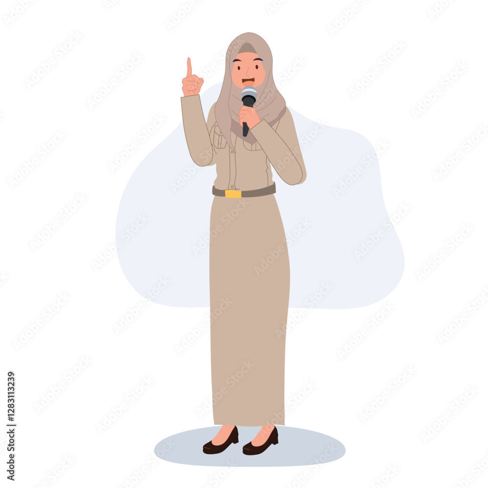 Thai Muslim female teacher in government uniform speaking with microphone, teaching or making an announcement Thai Muslim female teacher in government uniform speaking with microphone, teaching or making an announcement